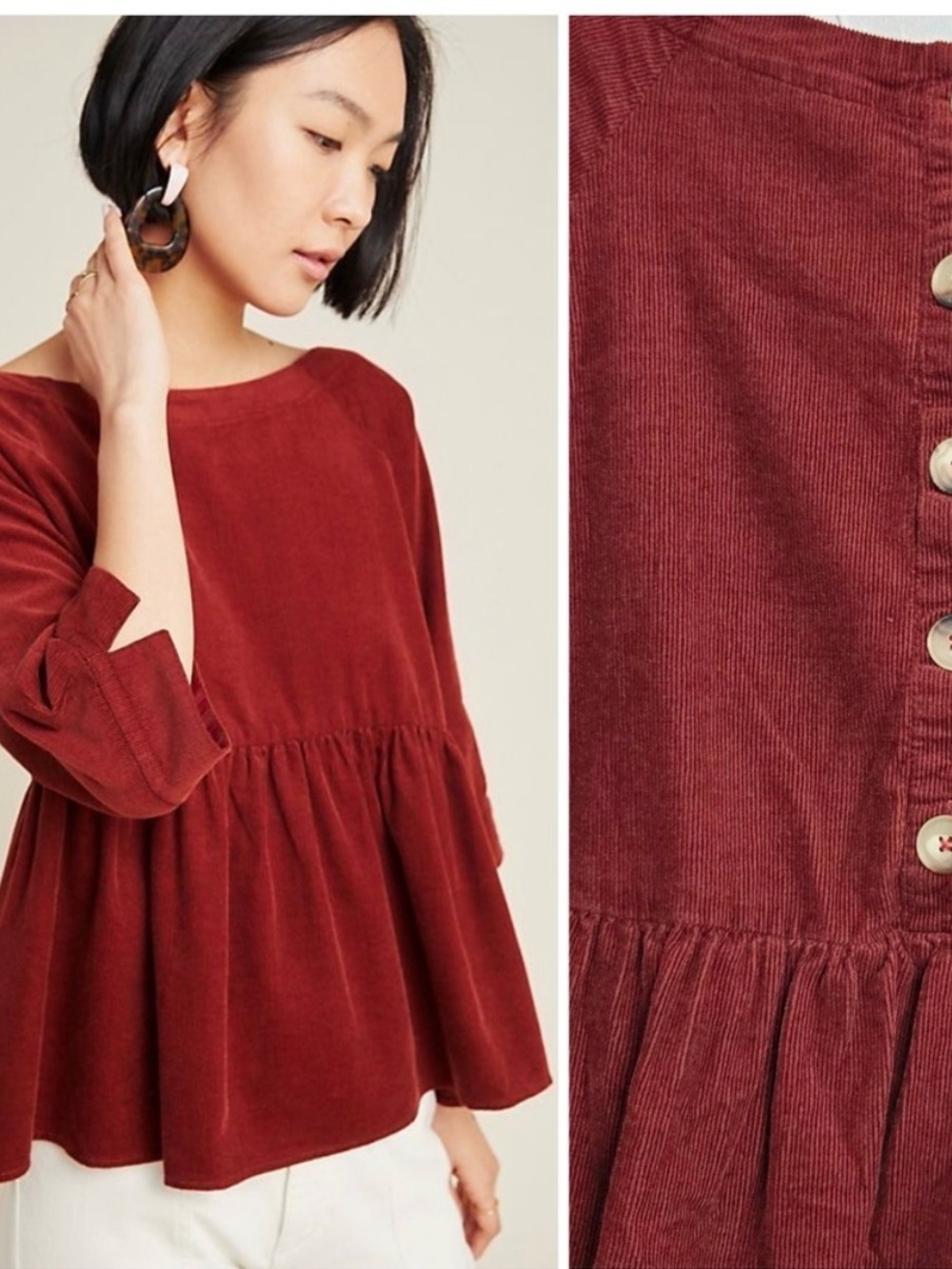 Anthropologie Corduroy Peplum Tunic in Rust Red